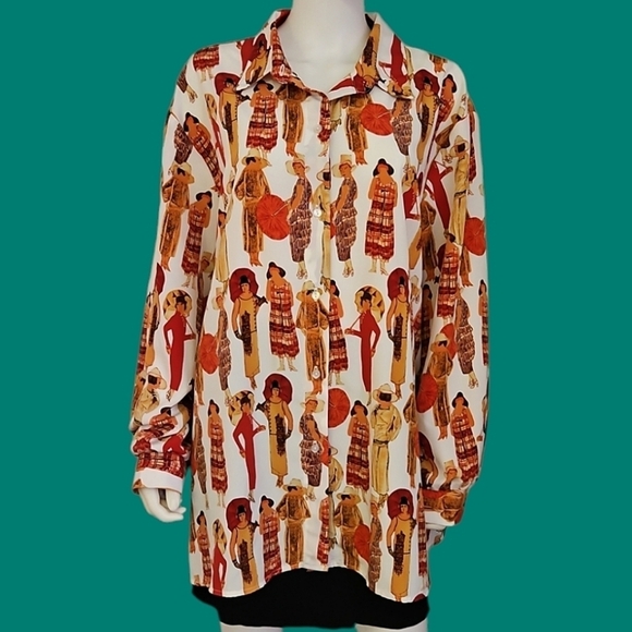 VTG MAGGIE SWEET 1920s Fashion Ladies Print Button Down Shirt 3X - Picture 1 of 8